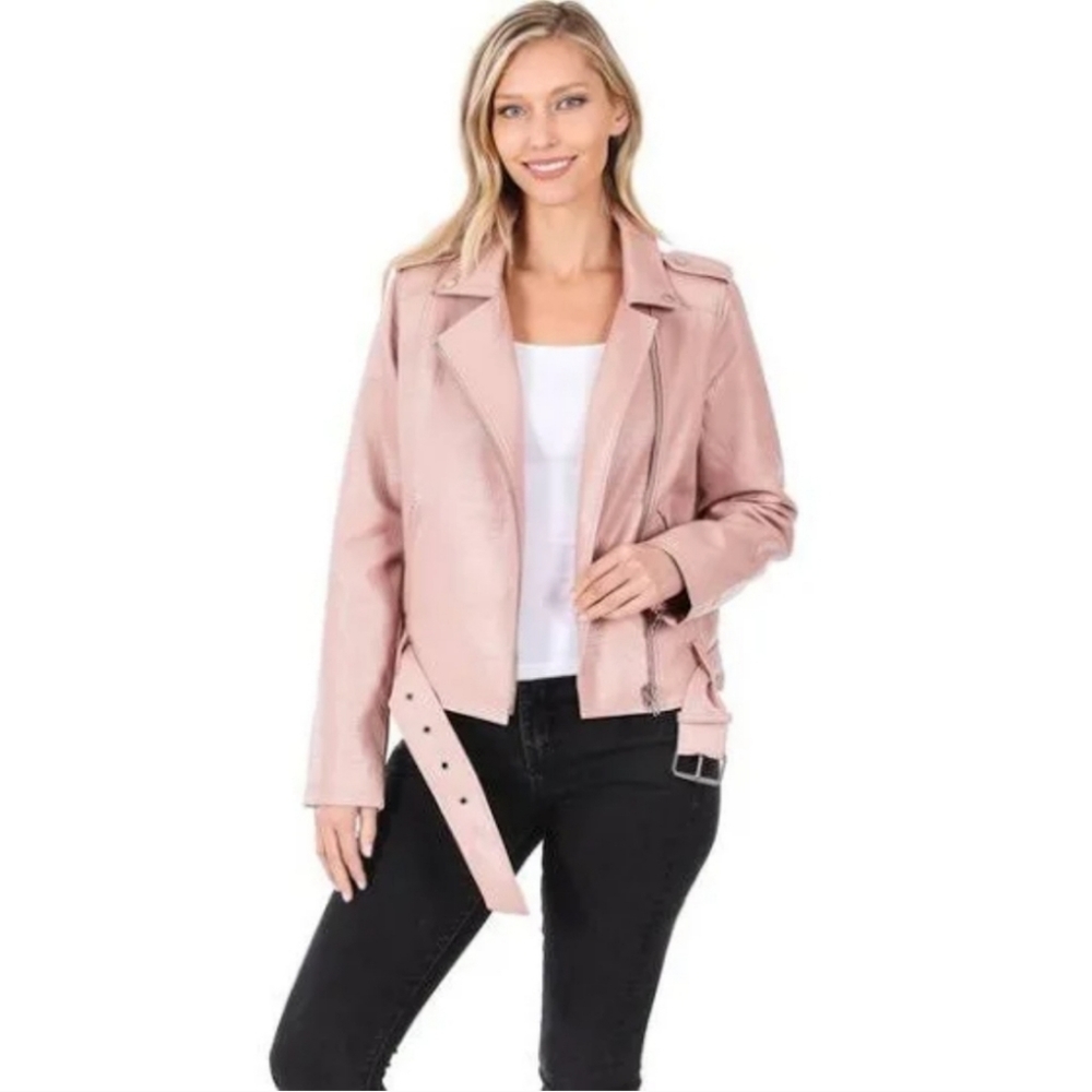 Zenana Outfitters Blush Vegan Leather Moto Jacket